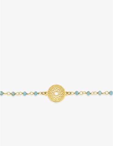 Bracelet fantaisie cristal turquoise, petite chaîne en acier doré et motif