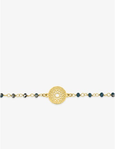 Bracelet fantaisie cristal bleu, petite chaîne en acier doré et motif