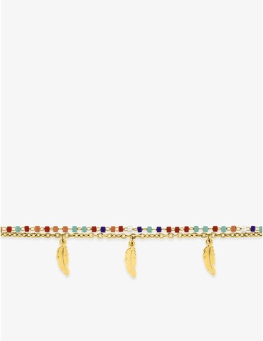 Bracelet cristaux synthétiques multicolores, chaîne et breloques plume acier doré