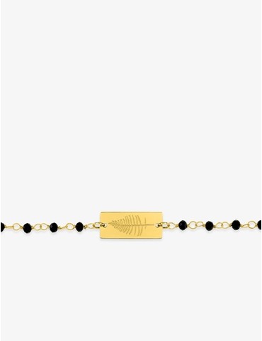 Bracelet fantaisie cristal noir, petite chaîne et plaque en acier doré