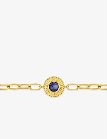Bracelet fantaisie acier doré, maille alternée et lapis-lazuli bleu synthétique