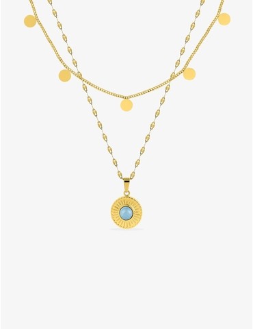 Collier fantaisie double, acier doré, motif pendants et cristal bleu synthétique
