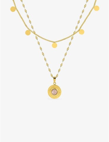 Collier fantaisie double, acier doré, motif pendants et cristal rose synthétique