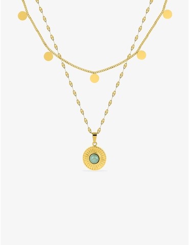 Collier fantaisie double, acier doré, motif pendants et jade verte synthétique