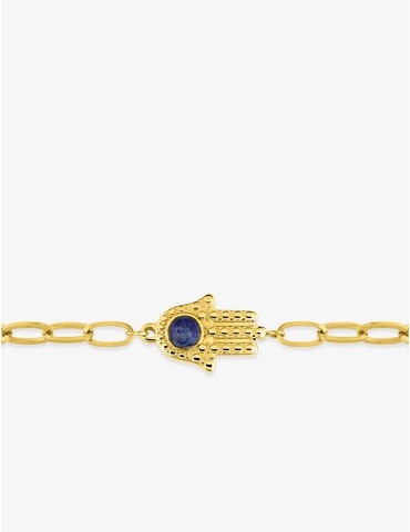 Bracelet acier doré motif main de Fatma et lapis-lazuli bleu