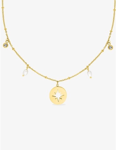 Collier acier doré motif étoile, perles et cristaux blancs