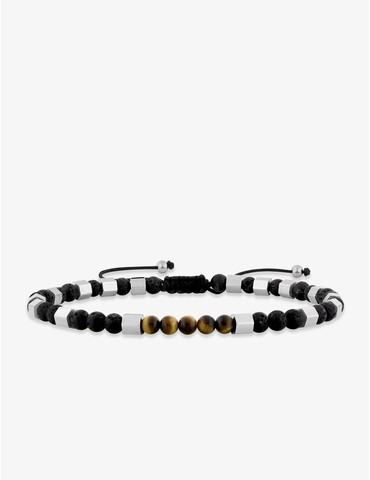 Bracelet cordon nylon, acier et perles pierre de lave et œil-de-tigre