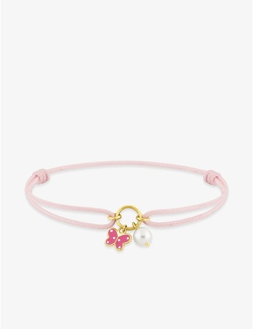 Bracelet cordon rose papillon or jaune 750‰ et perle de culture d'eau douce 4 mm