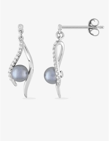 Boucles d'oreilles pendantes perles grises d'imitation argent rhodié 925‰ avec oxyde de zirconium